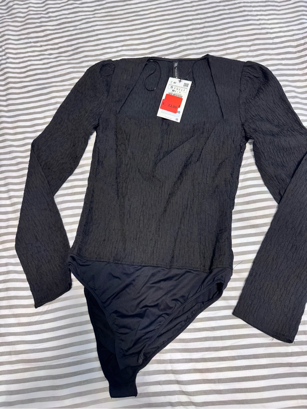 Zara Black Textured Long-Sleeve Bodysuit